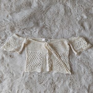 Off White Crochet Off Shoulder Crop Lace Up Top